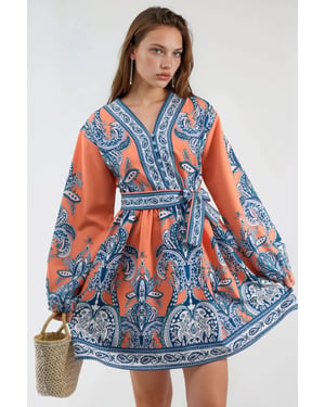 V-hals Paisley A-lijn Mini Jurk met Knopen