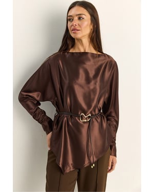 Belted Satin Boat Neck Blouse