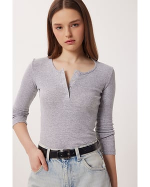 Slim Fit U-Hals Långärmad Blus