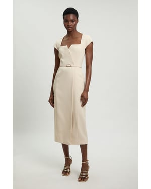 Viscose Blend Belted Square Neck Tailored Pencil Dress