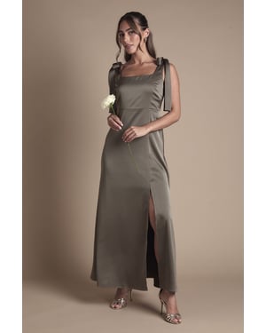 Olive Satin Tie Shoulder Midi Bridesmaid Dress