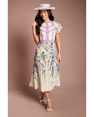 Lisa Tan Floral Printed Lace Trim Pleated Midi Dress