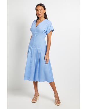 Linen Blend Pleat Detail Midi Dress