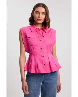 Premium Viscose Linen Topstitch Woven Blouse With Waist Seam Detail