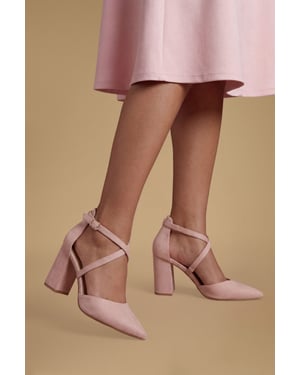 Wide Fit Treat Faux Suede Cross Strap Pointed Block Heel Court Shoes
