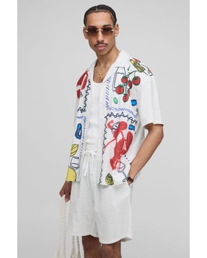 Oversized Linen Blend Conversational Printed Shirt & Short Set