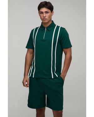 Regular Fit Zip Up Stripe Polo & Jersey Short Set