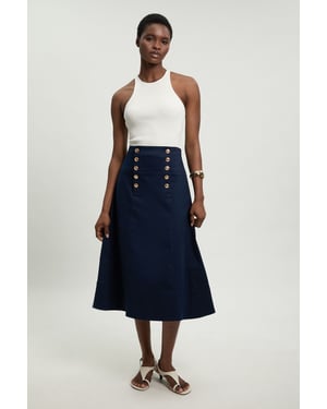 Cotton Tailored Button Detail Midi Skirt