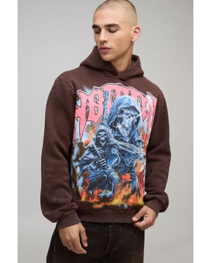 Boxy Washed Homme Gothic Graphic Distressed Hoodie