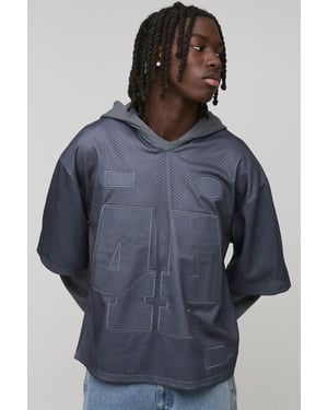 Oversized Boxy Varsity Applique Faux Layer Mesh Sports Top Hoodie