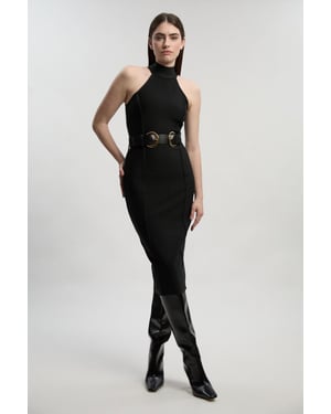 Petite Bandage High Neck Buckle Trim Midi Dress