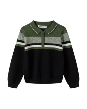 Minoti Jongens Strepen Sweater Top met Kwartrits (Kaki Groen)