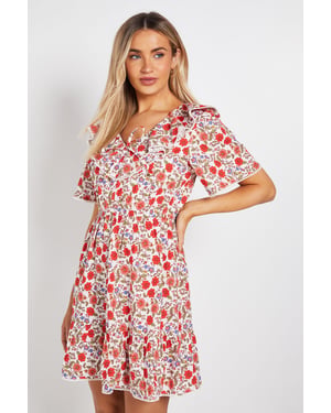 Collar Tie Detail Flutter Sleeve Mini Dress