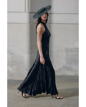 Stripe Fabric Detail Fluid Halter Maxi Dress
