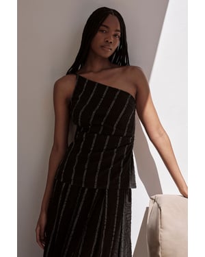 Beaded Pinstripe Asymmetric Neck Tailored Top