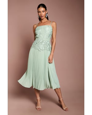 Satin Lace Pleated Midi Dress