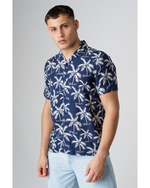 Navy Relaxed Button-Up Palm Print Holiday Shirt