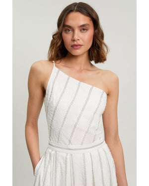 Beaded Pinstripe Asymmetric Neck Tailored Top