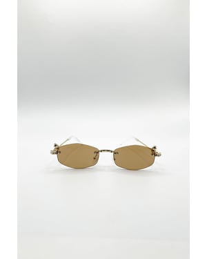 Rimless Oval Diamante Sunglasses In Brown