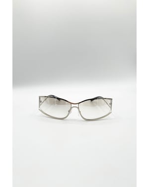 Retangle Wrap Around Metal Sunglasses In Silver