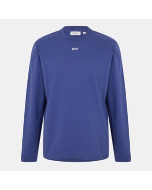 Men's Off White Crew Neck Long Sleeve Regular Fit T-Shirt in Dark Blue-White