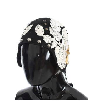 Dolce & Gabbana Black Wool White Floral Gold Leaf Women's Hat