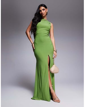 ASOS DESIGN Premium slash neck maxi dress with dramatic drape back in green