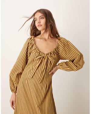Glamorous tie front volume sleeve maxi smock dress in yellow brown stripe