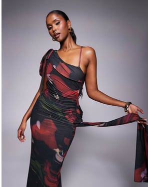 ASOS DESIGN stretch chiffon asymmetric drape maxi dress with cowl back and sash detail in dark floral print