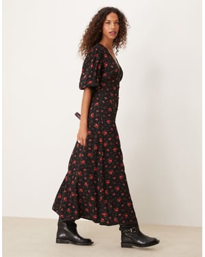 Miss Selfridge lace trim button through maxi dress in black rose print