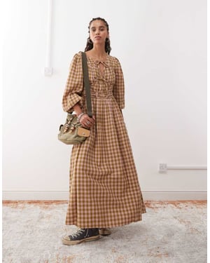 Reclaimed Vintage maxi smock dress with tie front detail in yellow and pink check
