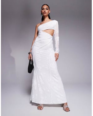 ASOS DESIGN devore one sleeve maxi dress with open back and exposed seam details in white