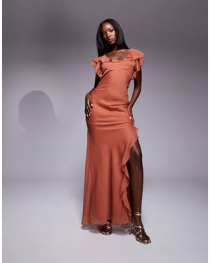 ASOS DESIGN ruffle flutter sleeve maxi dress with side split in rust