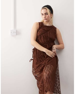 Reclaimed Vintage lace maxi dress with asymmetric tie detail in brown