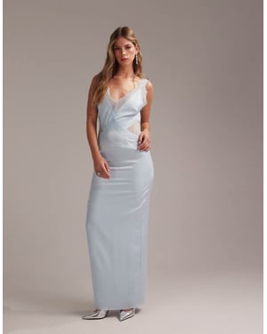 ASOS DESIGN Bridesmaids plunge neck lace detail satin column maxi dress in in light blue