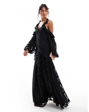 ASOS DESIGN cross neck cold shoulder floral jacquard maxi dress with ruffle detail in black