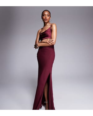 ASOS DESIGN Tall satin chiffon mix draped one shoulder maxi dress in burgundy