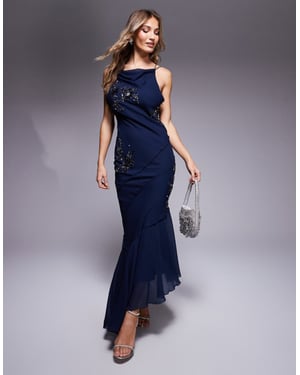 ASOS DESIGN cowl floral embellished maxi dress with cowl detail in midnight blue