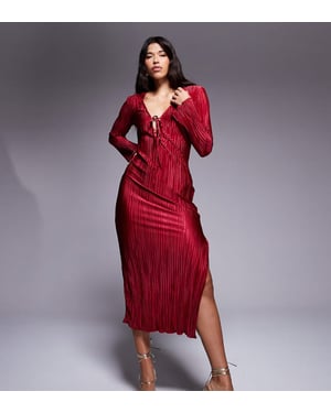 In The Style exclusive tie front plisse maxi dress in burgundy