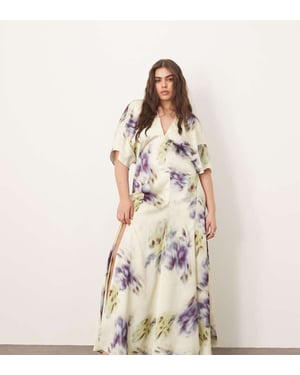 ARRANGE Curve modern 30's maxi satin dress with shoulder pad in blurred floral