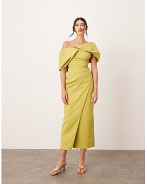 ARRANGE bardot pleat maxi dress with wrap detail in chartreuse