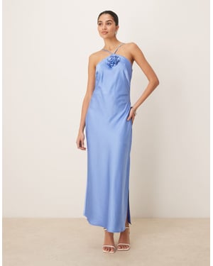 YAS halter neck satin maxi dress with corsage detail in provence blue