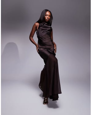 ASOS DESIGN satin chiffon mix draped bodice open cowl back maxi dress in chocolate