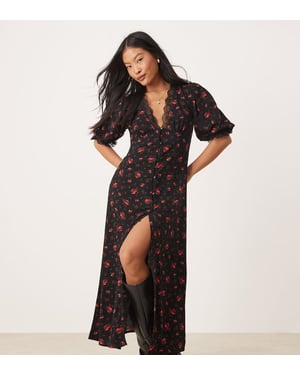Miss Selfridge Petite lace trim button through maxi dress in black rose print