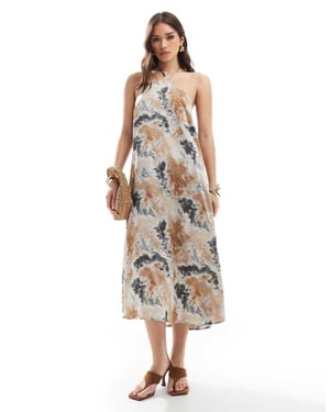 Object satin halter maxi dress in neutral tie dye print