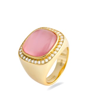Luxenter Ring van 925 sterlingzilver met dubbele laag roze parelmoer / kristal, afgewerkt met 18 karaats geelgoud - Exiuh