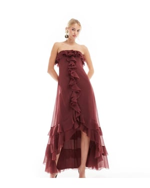 ASOS DESIGN Lång bardot volang avskuren maxiklänning i burgundy