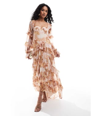 ASOS DESIGN volang off shoulder korse med detaljer i sång och lager på lager maxi klänning med hi-low nederdel i brun blommig tryck