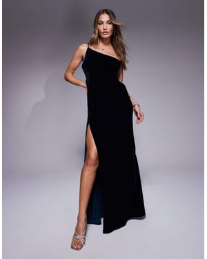 ASOS DESIGN en axel draperad sammet maxi-klänning med hög slits i blått