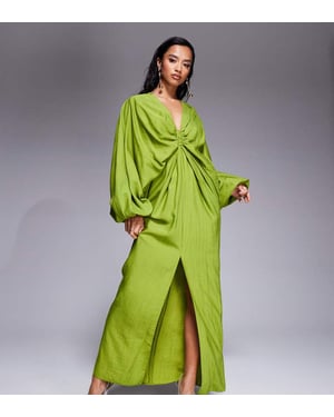 ASOS DESIGN Petite djup urringad elastisk maxiklänning med blusärmar i limegrön